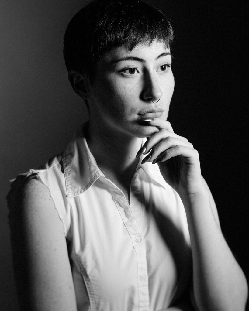 Samantha, Female, Short Hair, Sleeveless Blouse, Black and White, Pensive