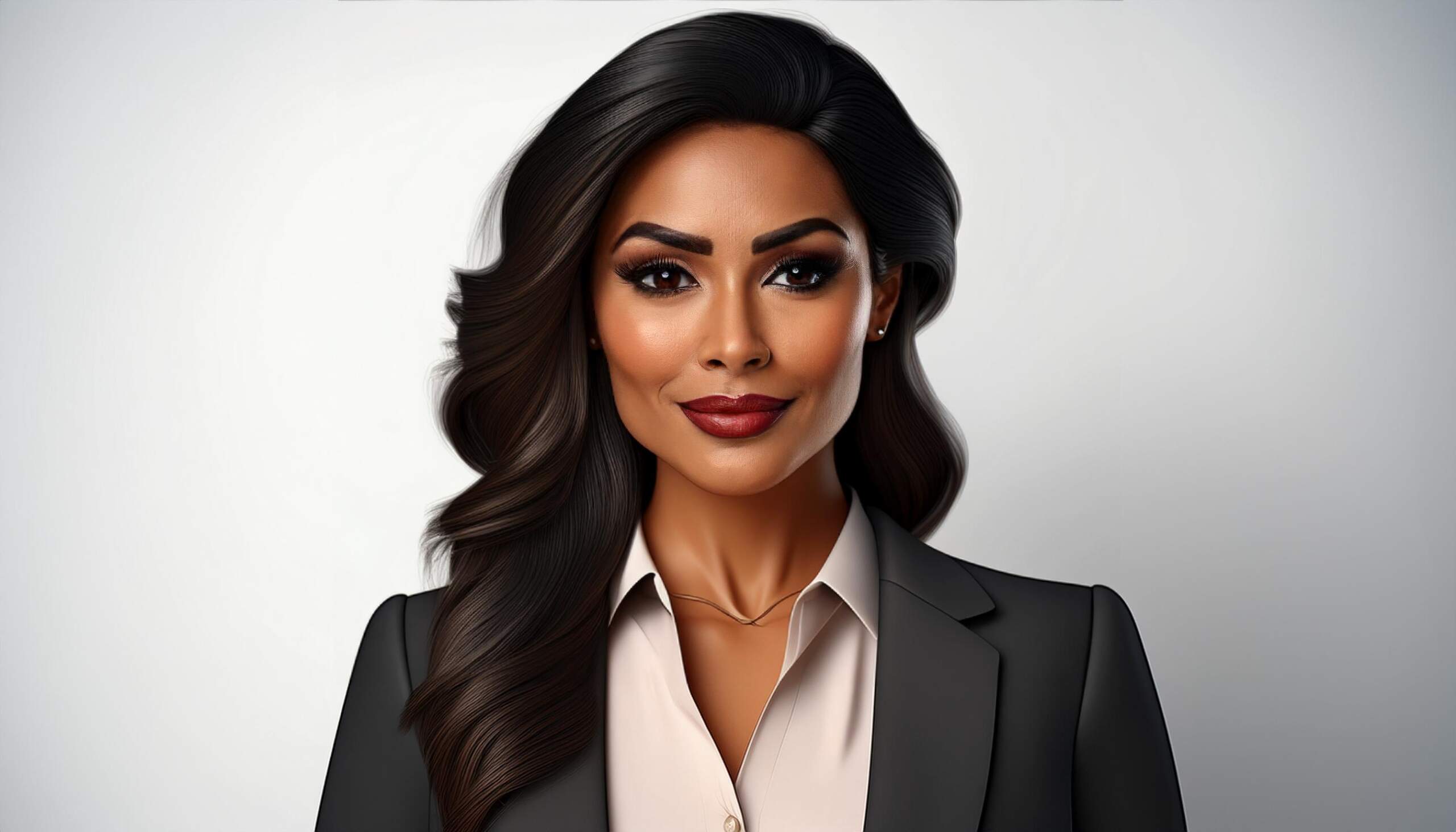 A business woman looking directly at the camera, the background is white